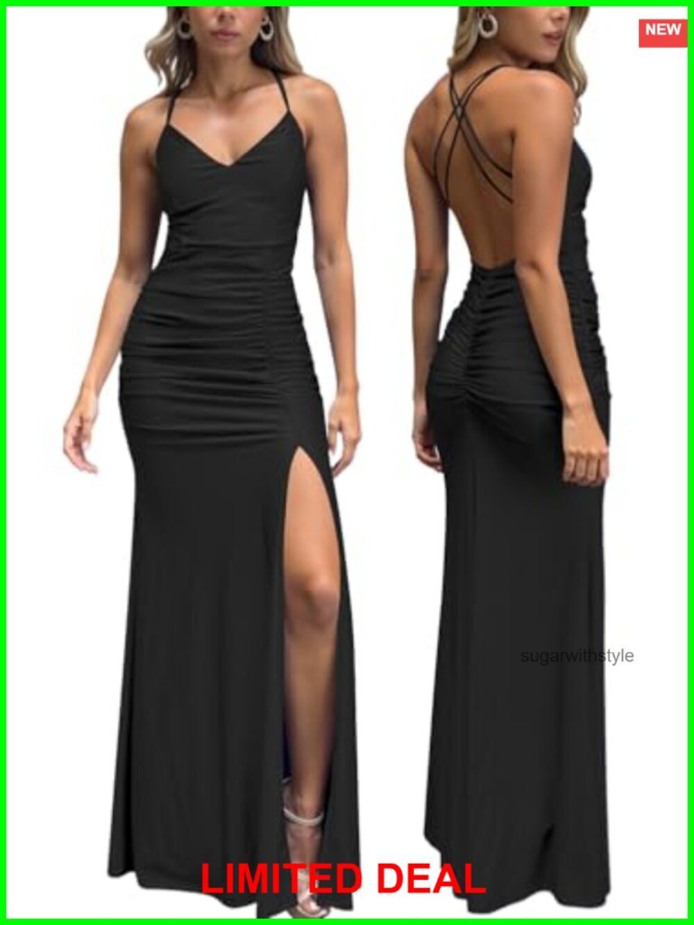 Sexy V Neck Spaghetti Strap Ruched Bodycon Maxi Dress Wedding Guest